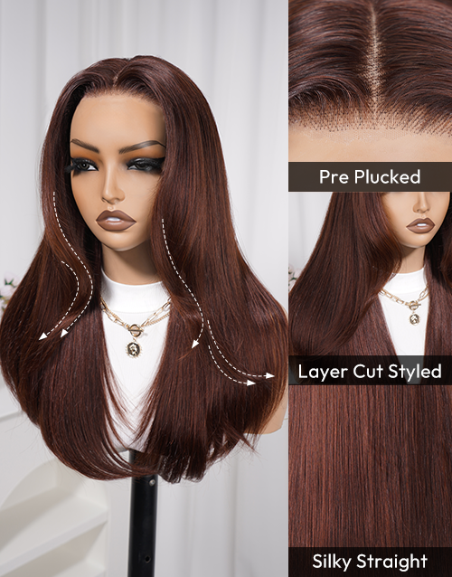 Jordan- Pull Go Wig Reddish Brown Layer Cut Straight 7x5 Glueless Wig With Drawstring Pre Cut Lace