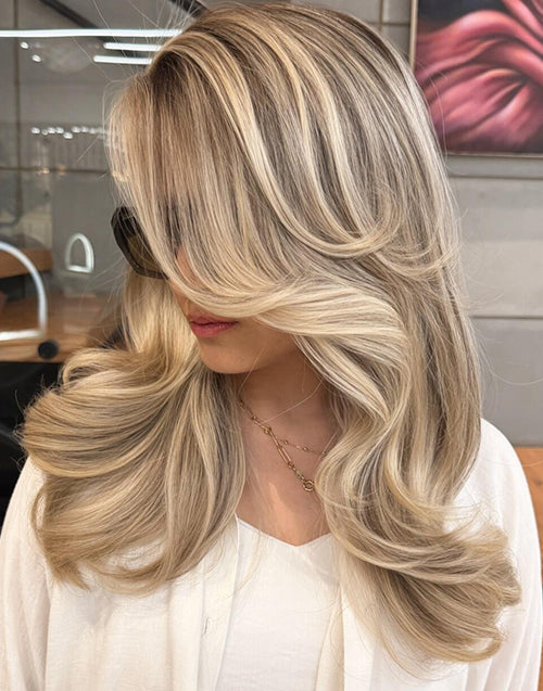 Yadel- Highlight Ash Mixed With Blonde Wavy 13x6 Lace Front Glueless Wig Side Part Human Hair