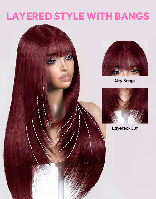 Reese- Black Cherry Straight Face-Framing Layers Wig With Wispy Bangs Glueless Natural Volume Style Pre Cut Lace