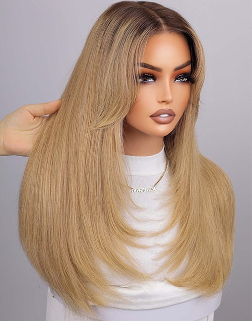 16" Ombre Light Brown Honey Curtain Bangs Layered Straight Wig Pre Cut 7x5 Lace Flash Deal