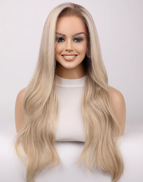 Allean- Luxury True-Hold Series Glueless Ponytail Lace Front Wig Ombre Grey Blonde Balayage Wavy Wig