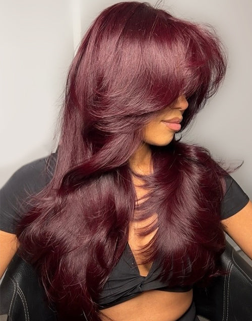 Ethel- Burgundy Colored Curtain Bangs Layered Wavy 13x5 Pre Everything Glueless Wig Easily Do High Bun by Yourself