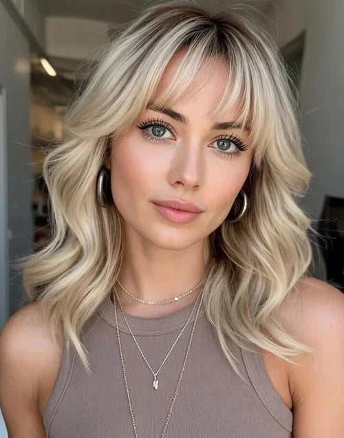 Vitha- Buttery Platinum Blonde Layers With Soft Curtain Bangs Wavy Bob True-Hold Glueless 5.5x5.5 Lace Wig Human Hair