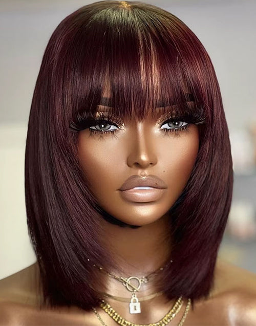 12" Burgundy Layer Cut Straight Bob Wigs With Bangs 4x4 Lace Wig Flash Deal