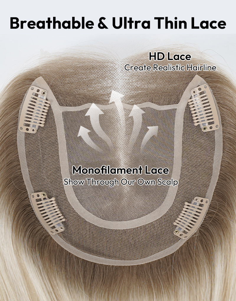 5.5"x6" Fine Mono Top Lace Straight Human Hair Topper Seamless Clip-In Coverage for Thinning Hair