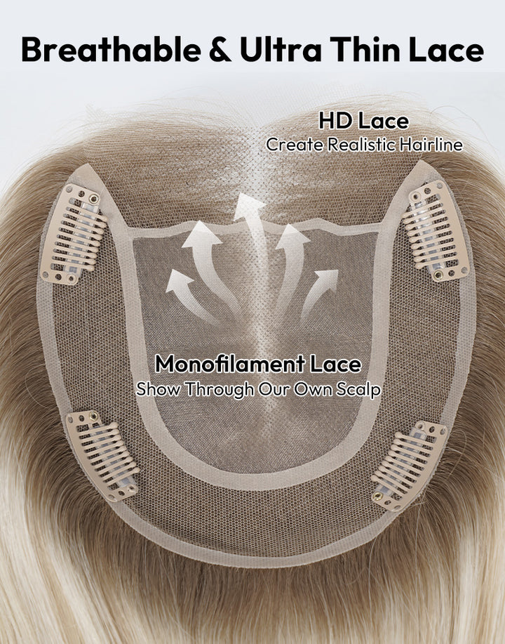5.5"x6" Fine Mono Top Lace Straight Human Hair Topper Seamless Clip-In Coverage for Thinning Hair