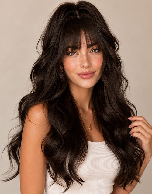 26" Dark Brown Body Wave Pre Cut 13x5 Lace Glueless Wig With Bangs Flash Deal