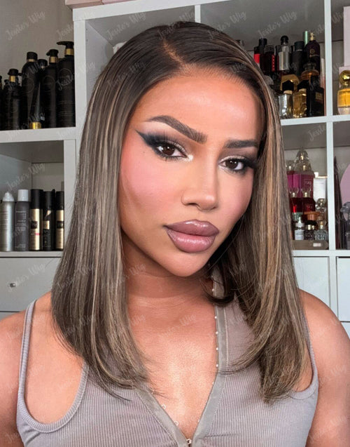 Valerie- Smart-Fit Pull Go Highlights Honey Short Asymmetric Bob Straight Layer Cut 13x5 Pre Cut Lace Wig Glueless Wig