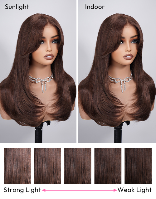 Karisa- Brown Color Curtain Bangs Layered Straight Pull Go Glueless Wig With Drawstring Pre Cut 7x5 Lace