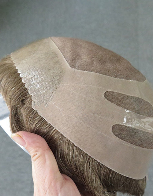 8x10in Fine Mono Center Poly with Gauze in Front Indian Human Hair Replacement Mens Toupee Hair System Men Wigs