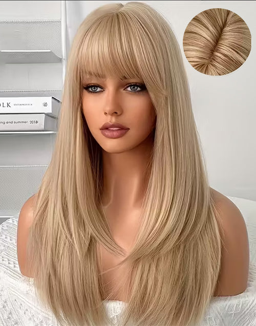 Melody- Minimalist Lace Beige Blonde Elegant Long Straight Layered Wig With Bangs For Women