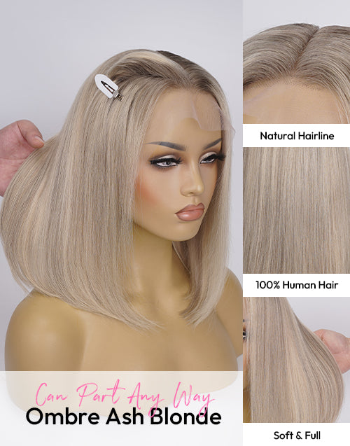 Yara- Ombre Ash Blonde Straight Bob Wig Undetectable Hairline Glueless Wigs For Women 13x4 Lace