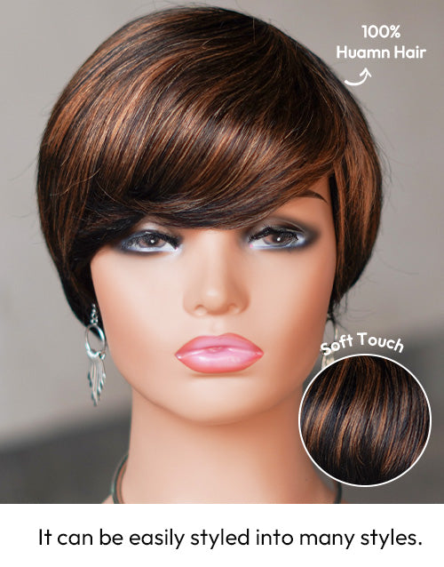 Short Pixie Cut with Auburn Brown Ombre Top Similar to #30 Layered Wig with Bangs F1B/30 Human Hair Wig for Women