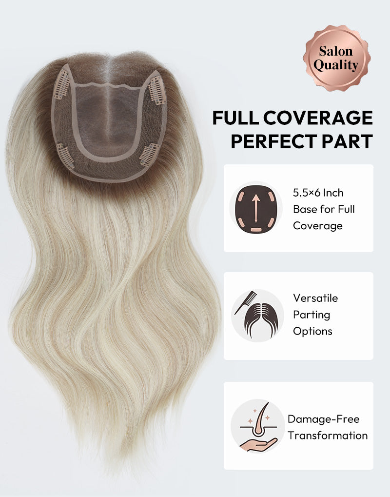 5.5"x6" Wavy Fine Mono Human Hair Topper Seamless Clip-In Coverage For Thinning Hair