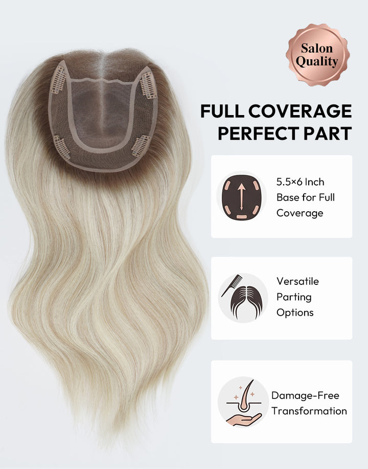 5.5"x6" Wavy Fine Mono Human Hair Topper Seamless Clip-In Coverage For Thinning Hair