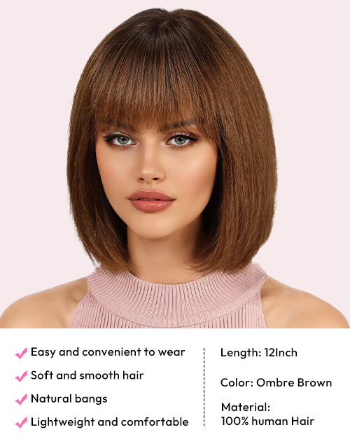 [Ready To Ship Only For US] Amara -Ombre Ash Blonde Brown Bob Wig With Bangs 5x5 Lace