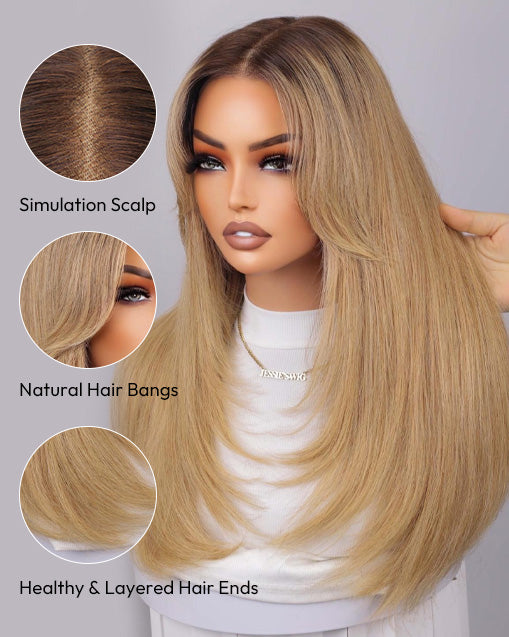 Winly- T4/27 Ombre Light Brown Honey Curtain Bangs Layered Straight Glueless Wig 13x5 Pre Cut Lace
