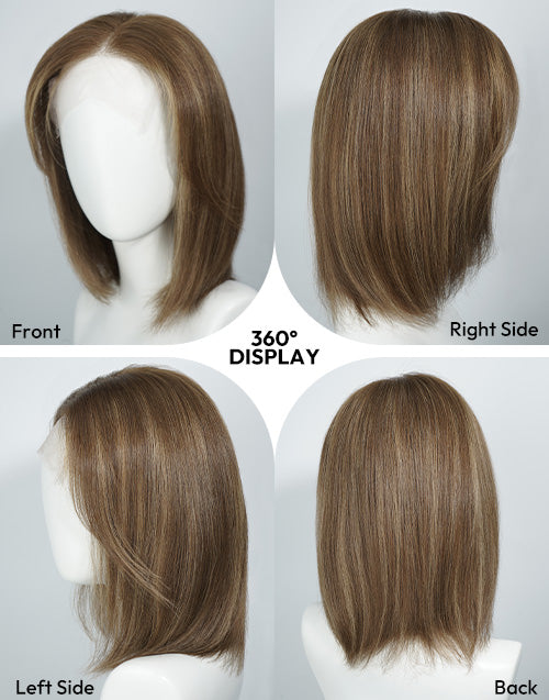 Georgia- Highlight Golden Brown Straight Bob Wig With Curtain Bangs True-Hold Glueless 5.5x5.5 Lace Wig