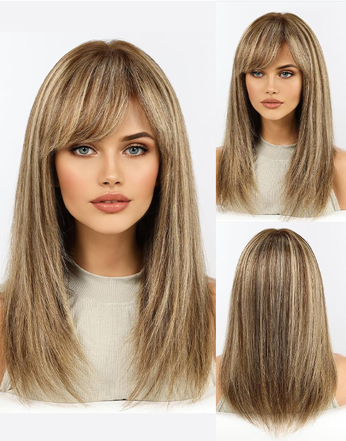 Mignon- Brown Mixed Blonde Curtain Bangs Layered Straight Wig With Bangs 13x4 Lace For Women Daily Wig