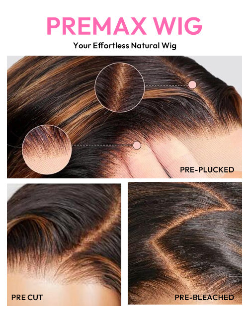 Clara- Brown Highlights Glueless Upgraded 13x5 Pre Cut Lace Frontal Body Wave Wig Black Roots Human Hair