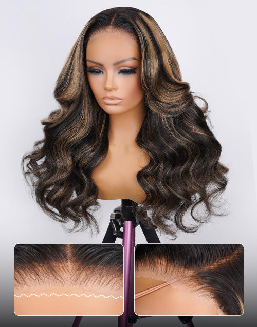 Violet- Freetress Cap Glueless Pull Go Wig Balayage Mixed Honey Blonde Wavy 6x5 Pre Cut Lace Human Hair