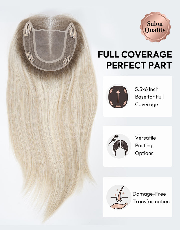 5.5"x6" Fine Mono Top Lace Straight Human Hair Topper Seamless Clip-In Coverage for Thinning Hair
