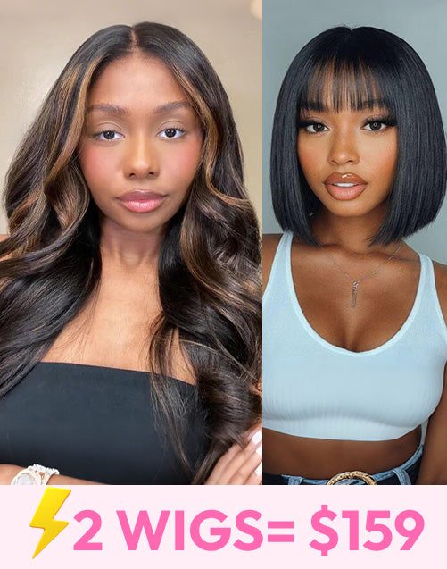 $159=2 WIGS|22" Brown Highlight Wavy 7x5 Pre Cut Lace Wig+10" Straight Bob Wig With Bangs Flash Sale