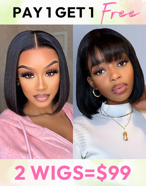 2 WIGS=$99|12" Straight Bob Wig With Bangs+10" Straight Bob 4x4 Pre Cut Lace Wig Flash Deal