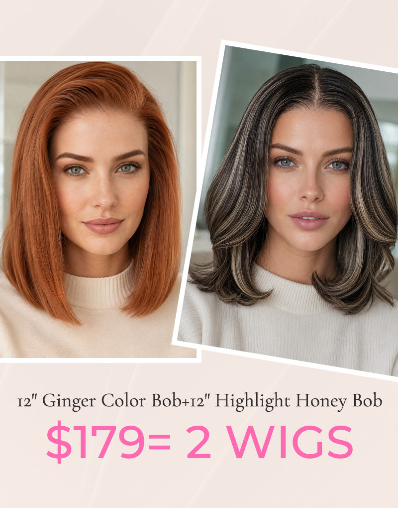 $179=2 WIGS|12" Highlight Honey Wavy Bob 7x5 Lace Wig+12" Ginger Straight Bob 13x5 Lace Wig Flash Deal