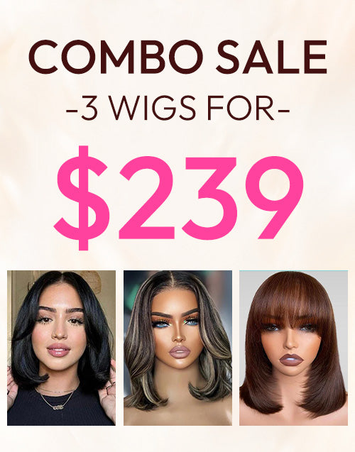 $239=3 WIGS|12" Layer Bob 7x5 Pre Cut Lace Wig With Curtain Bangs+12" Highlight Wavy Bob 7x5 Pre Cut Lace Wig+12" Brown Straight Layer Bob 4x4 Pre Cut Lace Wig With Bangs Flash Deal