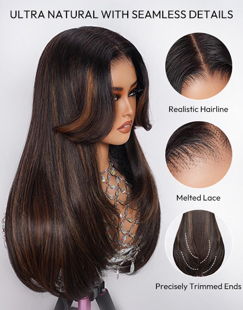 Selene- Glueless Pull Go Wig Brown Highlight Layered Haircut Straight Wig With Curtain Bangs Pre Cut Lace