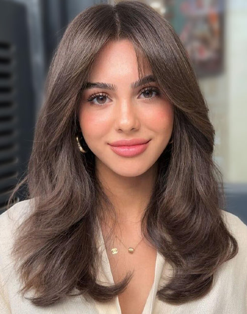 Nary-Mid Length Layers With Curtain Bangs Brown Color Wavy Real HD Lace Glueless Wig For Women