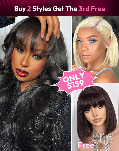 3 WIGS=$159|16" Body Wave 13x5 Pre Cut Lace Wig With Bangs+10" #613 Straight 13x4 Bob Wig+12" Bob Straight Wig With Bangs Flash Deal