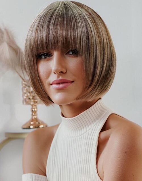 Meale- Brown Mixed Blonde Highlight Straight Bob Wig With Bangs Glueless Machinemade Wigs