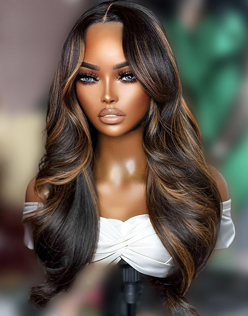 Namila- Hairstylist Inspired Brown Highlight Layered Wavy Wig Pre Cut Lace Glueless Wig