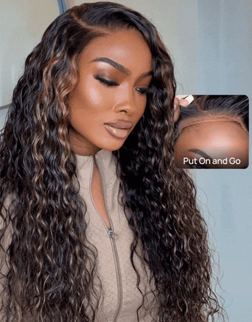 Ross- Smart-Fit Pull Go 13x5 Brown Highlight Wig Water Wave Glueless Wig Pre Cut Lace