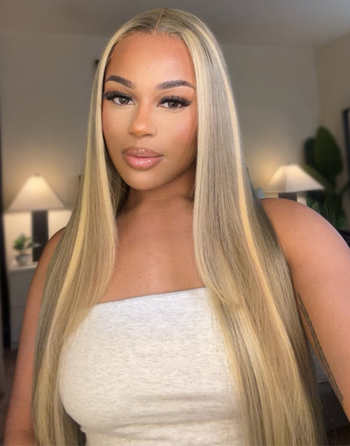Yuli-Super Deal Ombre Golden Blonde Balayage Brown Highlight Straight 13x6 Lace Front Wig Medium Cap Size Limited