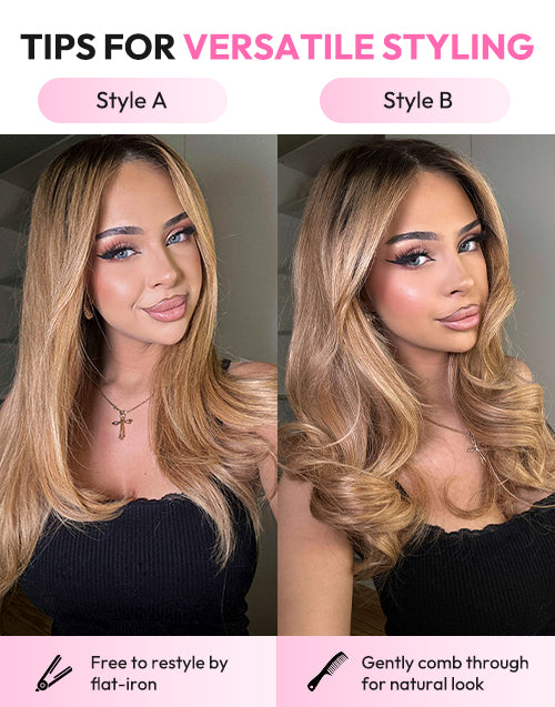 Soya- Influencer Same Ombre Honey Blonde With Dark Brown Color Layered Wavy Pull Go Wig 7x5 Glueless Wig