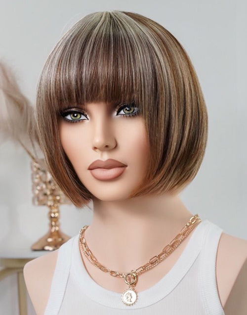 Meale- Brown Mixed Blonde Highlight Straight Bob Wig With Bangs Glueless Machinemade Wigs