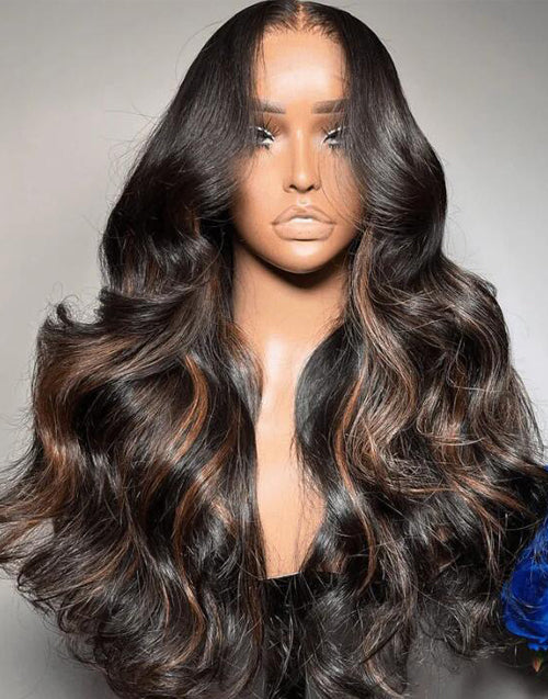 Clara- Brown Highlights Glueless Upgraded 13x5 Pre Cut Lace Frontal Body Wave Wig Black Roots Human Hair