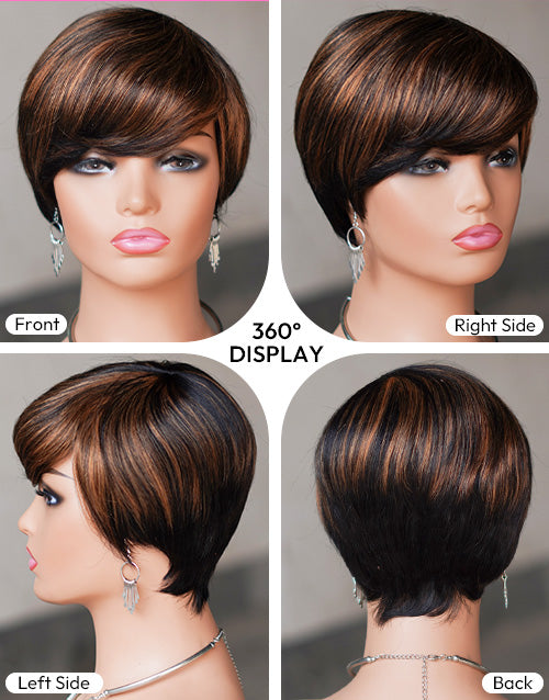 Short Pixie Cut with Auburn Brown Ombre Top Similar to #30 Layered Wig with Bangs F1B/30 Human Hair Wig for Women