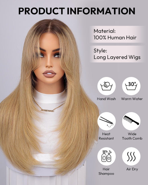 Winly- T4/27 Ombre Light Brown Honey Curtain Bangs Layered Straight Glueless Wig 13x5 Pre Cut Lace