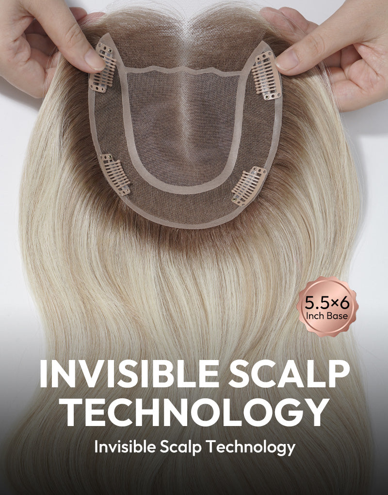 5.5"x6" Wavy Fine Mono Human Hair Topper Seamless Clip-In Coverage For Thinning Hair