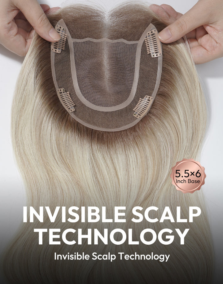 5.5"x6" Wavy Fine Mono Human Hair Topper Seamless Clip-In Coverage For Thinning Hair