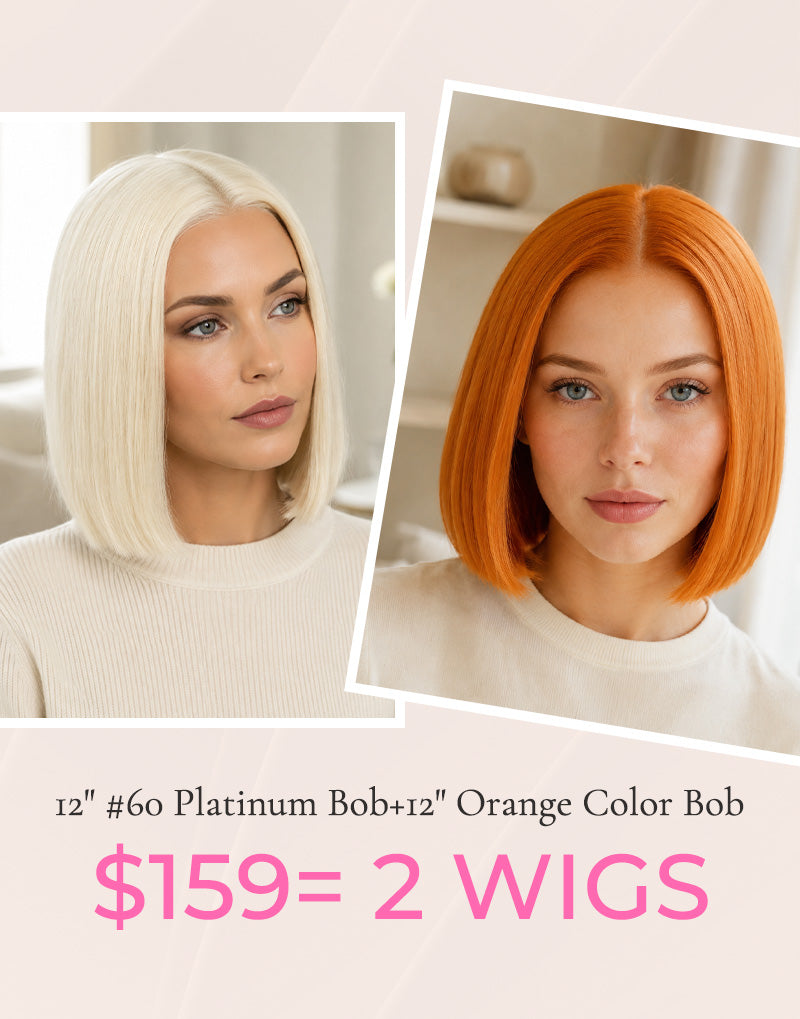 2 WIGS=$159|12" #60 Straight Bob T Part Lace Wig+12" Orange Color Straight Bob T Part Lace Wig Flash Deal