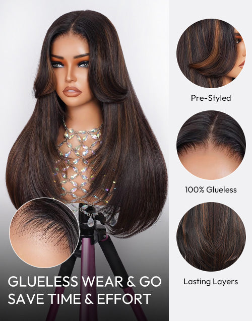 Selene- Glueless Pull Go Wig Brown Highlight Layered Haircut Straight Wig With Curtain Bangs Pre Cut Lace