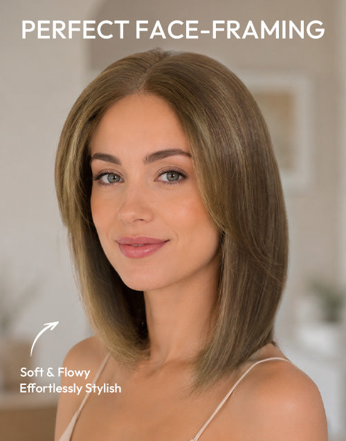 Georgia- Highlight Golden Brown Straight Bob Wig With Curtain Bangs True-Hold Glueless 5.5x5.5 Lace Wig