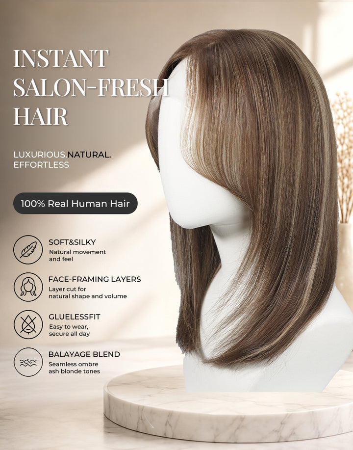 Paola- Highlight Golden Brown Straight Layered Bob Wig With Curtain Bangs True-Hold Glueless Human Hair Wig