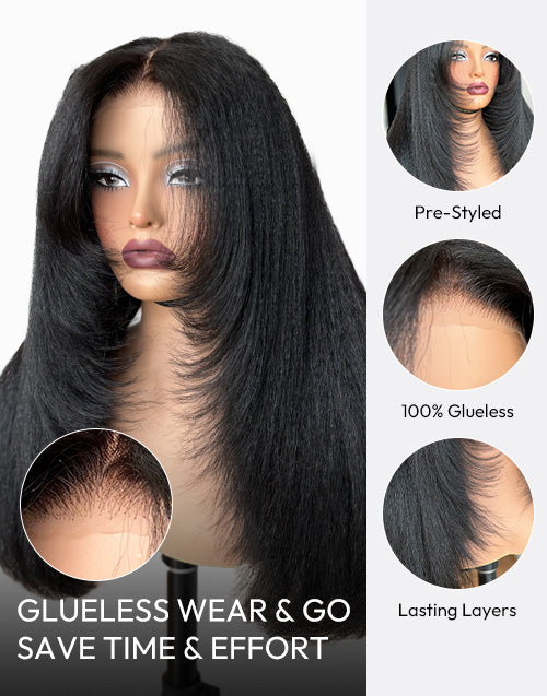 Valencia- Pull Go Glueless Wig Layer Cut Kinky Straight Human Hair Wig Pre Cut Lace