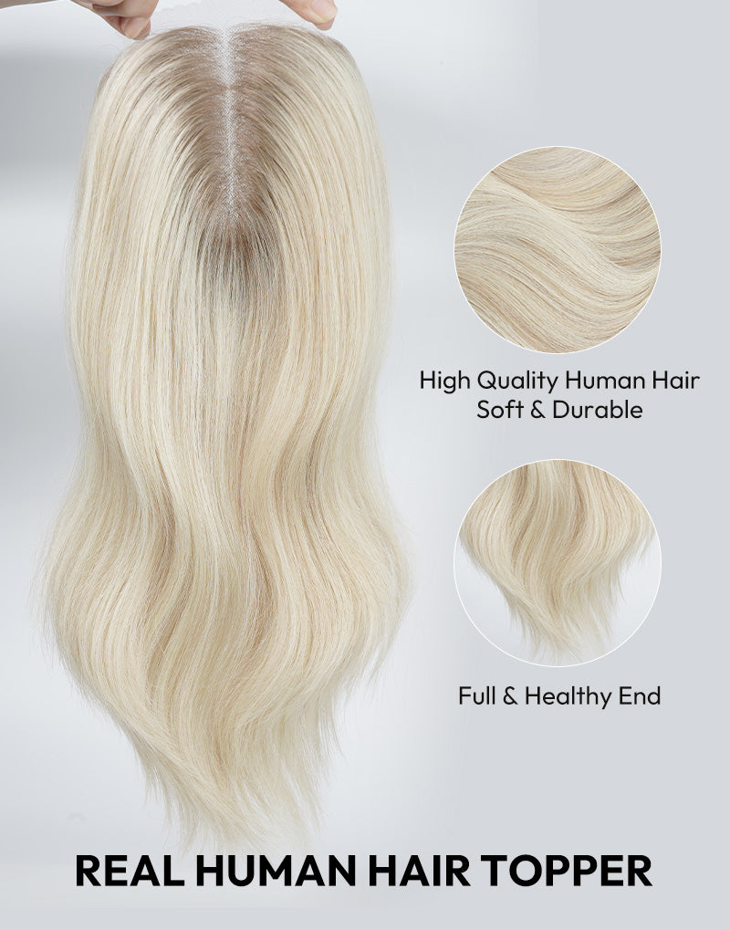 5.5"x6" Wavy Fine Mono Human Hair Topper Seamless Clip-In Coverage For Thinning Hair